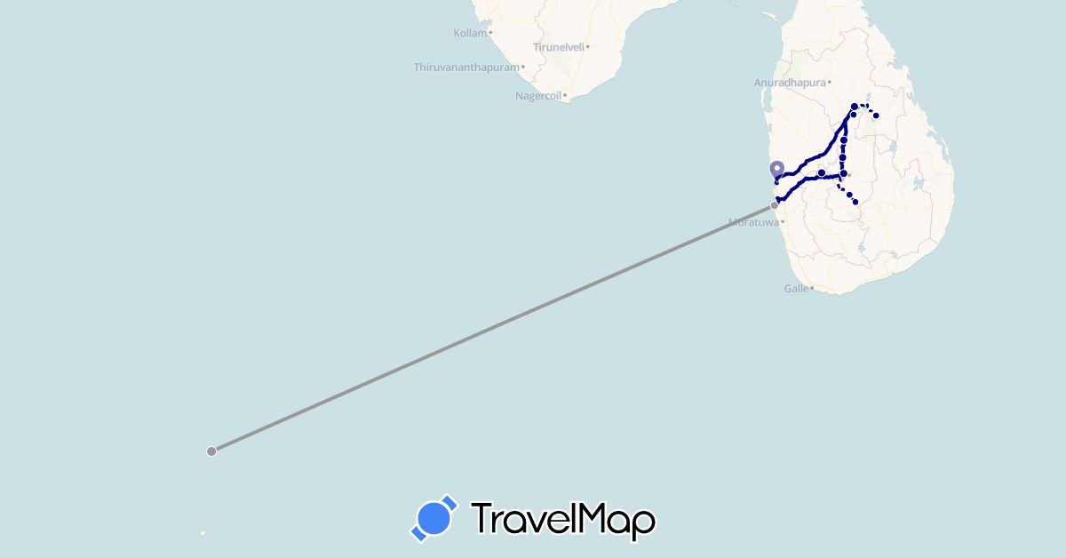 TravelMap itinerary: driving, plane in Sri Lanka, Maldives (Asia)