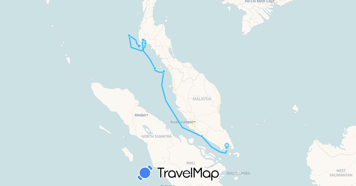 TravelMap itinerary: driving, boat in Malaysia, Singapore, Thailand (Asia)