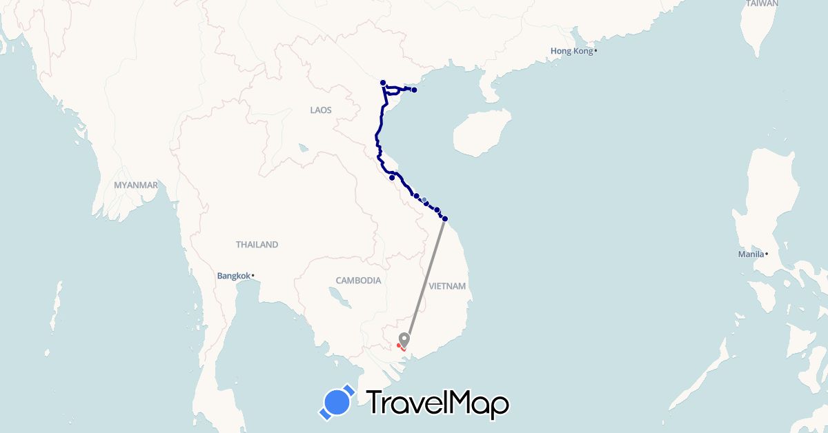 TravelMap itinerary: driving, plane, cycling, hiking in Vietnam (Asia)