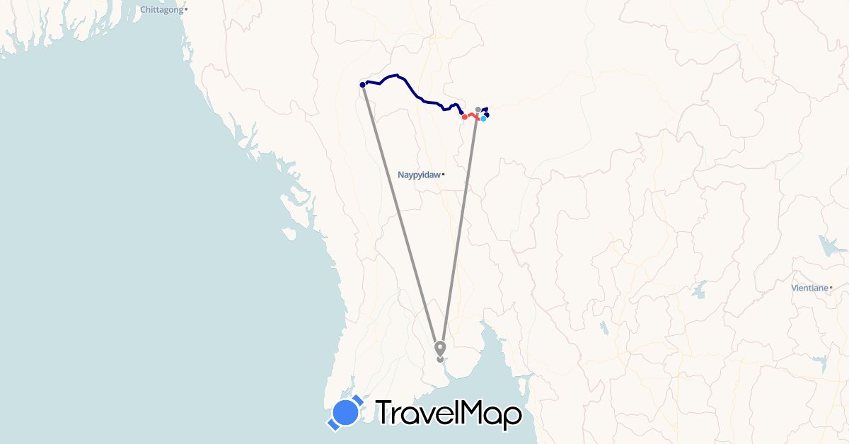 TravelMap itinerary: driving, plane, hiking, boat in Myanmar (Burma) (Asia)